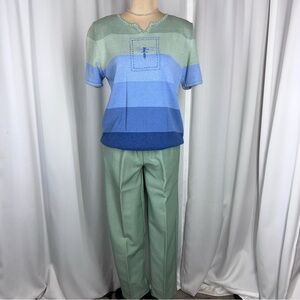 Alfred Dunner Petite Pants(6P) & Knit Top (PS) Set Embroidered Dragonfly READ